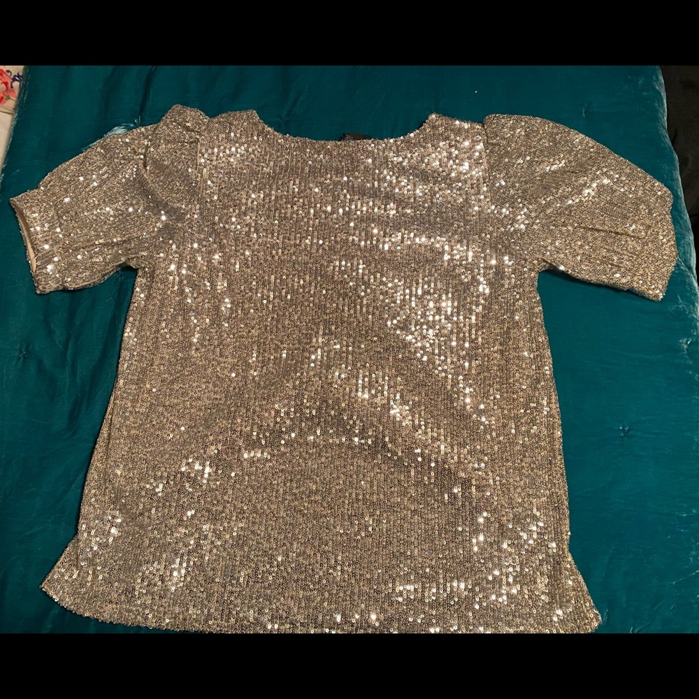 Silver sequins w/ cream color backing and longer sleeves